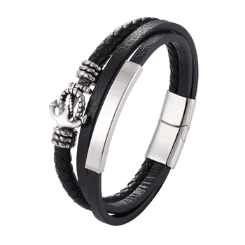 Moda de âncora de aço inoxidável, bracelete de homens de preto pulseira de couro de mão-de tecido retro