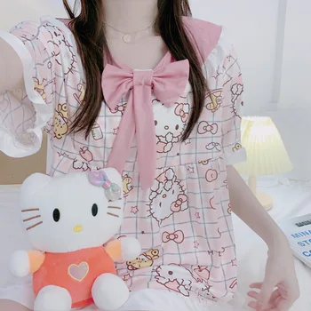 Kawaii Leite de Seda Cartoon Anime Hello Kitty Pijama Mulheres de Verão da Nova Boneca Gola Manga Curta, Shorts Homewear Conjunto