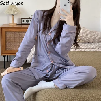 Pijama Conjuntos Mulheres De Manga Longa Aluno Respirável Moda Diária Homewear Concurso Versão Coreana Salão Elegante E Minimalista, Simples