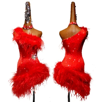 Pena Vermelha Profissional De Dança Latina De Vestido Para As Mulheres Strass Franja Samba Em Traje De Salsa, Tango De Salão De Competição Vestidos