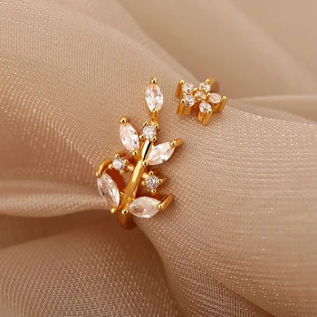 O coreano Bonito Cristal de Zircão Folhas de anéis Para as Mulheres Ajustável Estilo Doce Estrela anel Namorada de Presente No dia 8 de Março de Jóias de Casamento