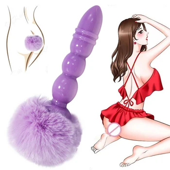Plug Anal Pena Puxar Grânulos de Silicone Plug anal Adultos Brinquedos Sexuais para as Mulheres os Homens de Cabelo Bola Cauda de Coelho Masturbação Brinquedos Eróticos