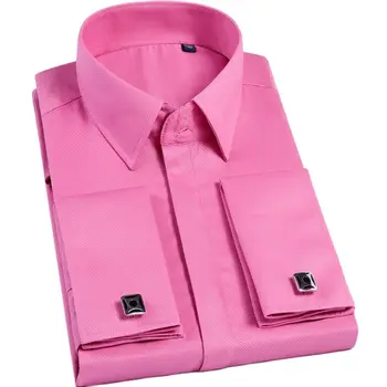 Qualidade de cor-de-Rosa Homens francês botão de Punho de Camisa, Camiseta masculina Manga Longa Casual Masculino, a Marca de Camisas Slim Fit francês Punho de Camisas de Vestido