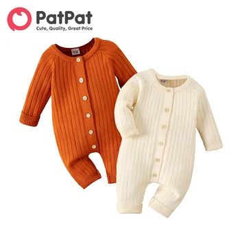 PatPat Menino/Menina Botão Frontal Sólido Costela de Malha de manga comprida Macacão