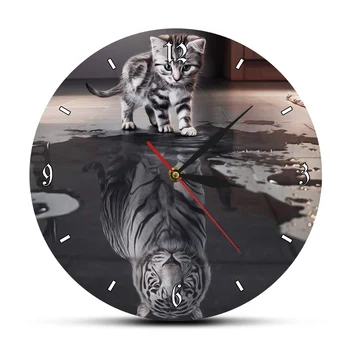 Tabby Gatinho Reflexão Tigre Branco Motivacional Arte de Parede de Decoração de Casa de Relógio Reflexo da Alma de Gato Reflexão Tigre Relógio de Parede