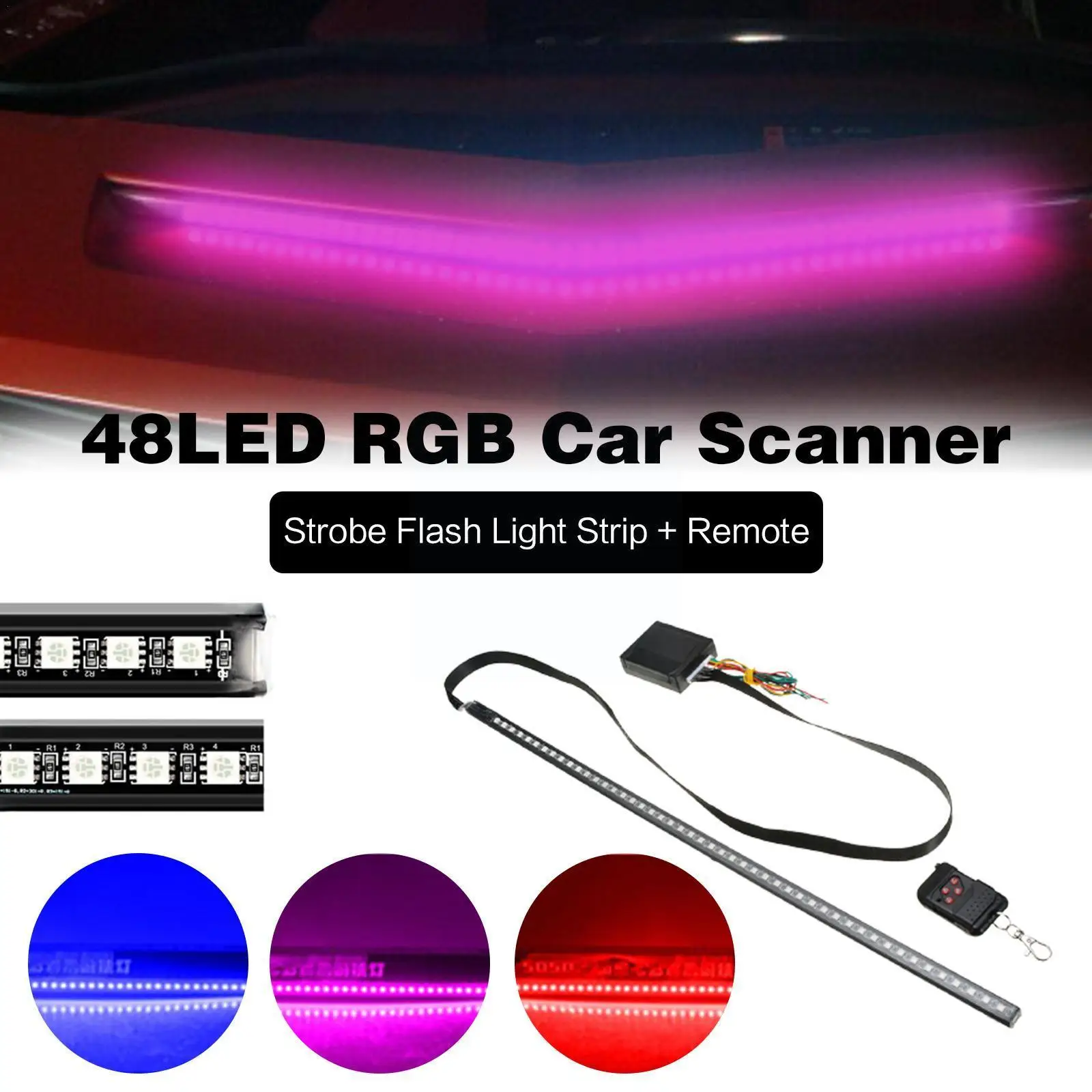 22inch 48LED RGB Carro Scanner de Knight Rider Strobe Luz do Flash de reconhecimento de luz do rgb flash Tira+Remoto ritmo Tira H8V1