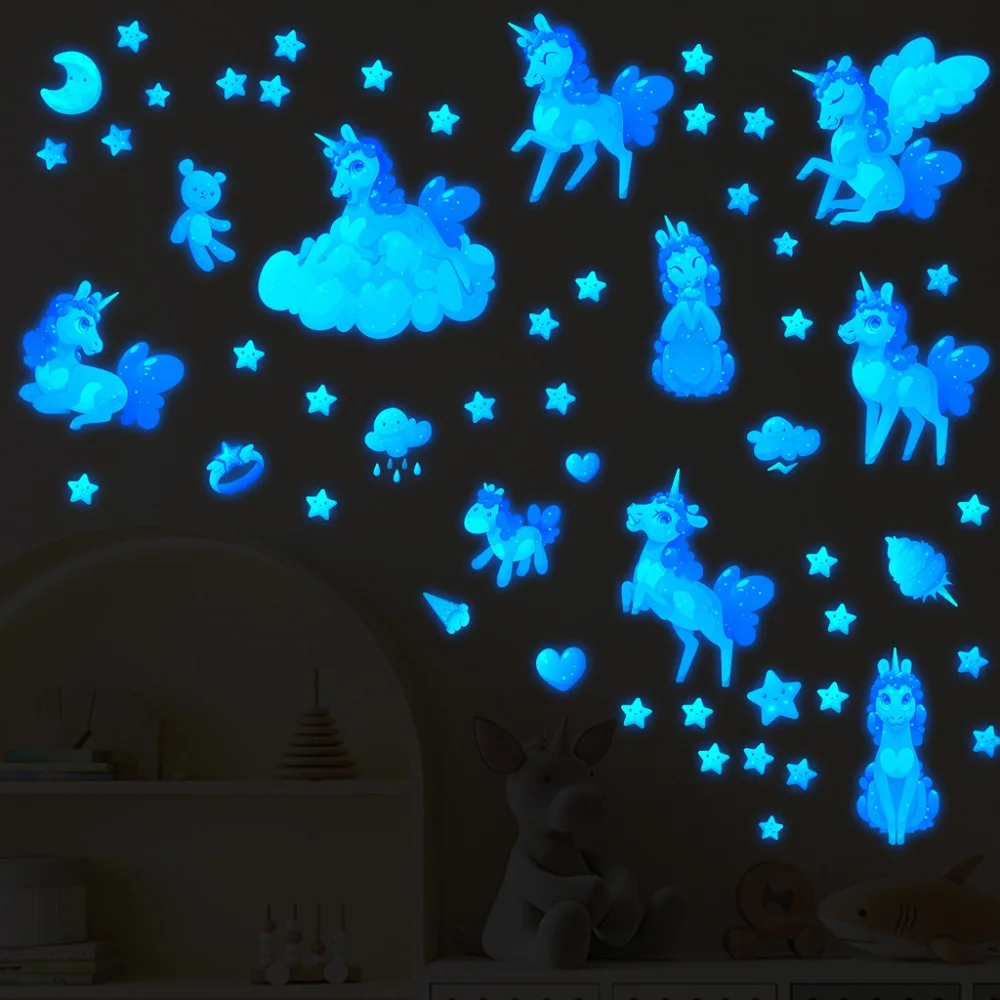 Luminosa Unicórnio Adesivos de Parede para Quarto Meninas Sala de Crianças de Decoração de Casa de desenhos animados Adesivos que Brilham no Escuro, Estrelas Adesivos