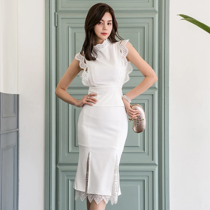 Pista de Verão coreano roupa da Mulher Elegante do Laço Plissado Branco Top de Blusa + Cintura Alta Dividir Saias Duas Peças de Conjunto