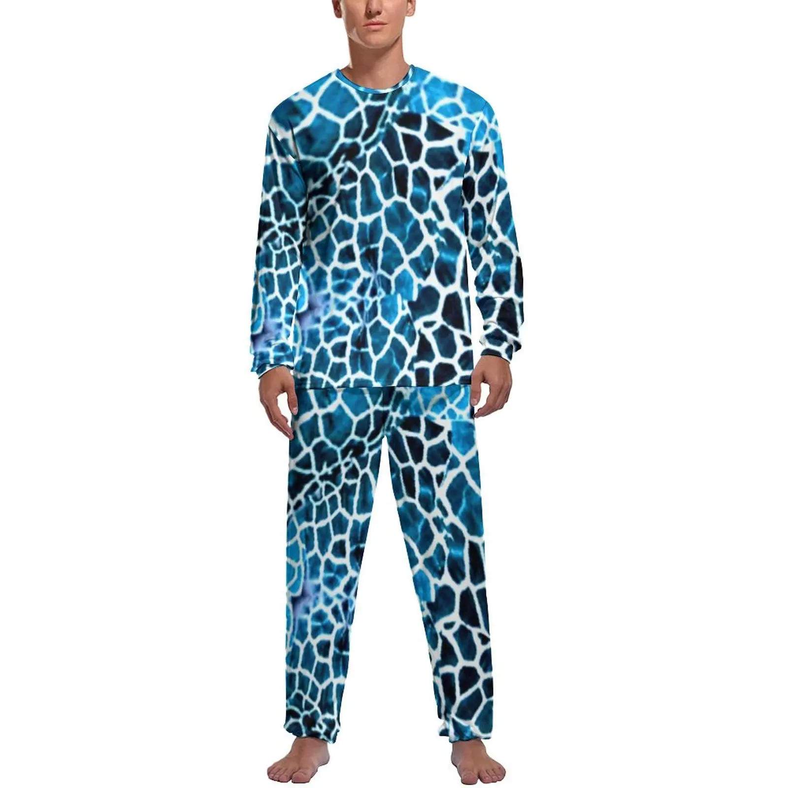Girafa de Impressão Pijama Primavera 2 Peças Azul-e-Branco Retro Pijama Conjunto de Homens Manga Longa Home Padrão de Pijamas