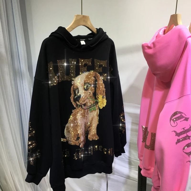 Luxo Brilhante Quente Perfuração de Cão Bonito Camisolas com Capuz Mulheres maiores de Outono Inverno, Roupas de Médio-longo Streetwear Moda de Moletom cor-de-Rosa